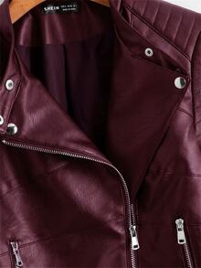 Comfortcana Jaket Motor Kulit PU Wanita Lengan Panjang Warna Burgundy dengan Resleting Depan - Burgundy - View 5
