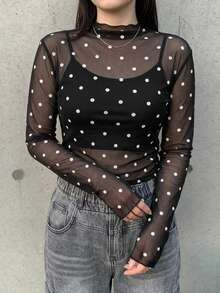 Dazy Plus Atasan Jala Pas Badan Motif Polkadot Kulit Ukuran Plus - Hitam - View 5
