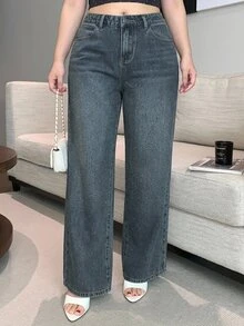 Dazy Plus Shiny Rhinestone Vintage Straight Leg Casual Pants Street Outdoor Loose Spring Autumn New Denim Jeans - Medium Wash - View 5