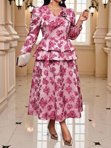 Fleurora Plus Size Women's 3D Floral Decor Long Sleeve Top And Skirt 2-Piece Set - Hot Pink - View 3