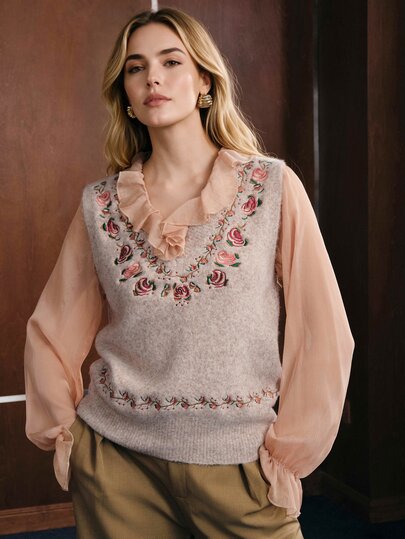 Anewsta Oatmeal Multicolor V-Neck Knitted Vest Women Vintage Colorful Rose Floral Embroidery Sleeveless Camisole Soft Plush Autumn/Winter Layering Inner Vest