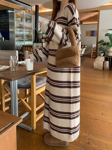 DAZY Women's Striped Round Neck Dropped Shoulder Long Sleeve Casual Knit Dress Fall - Khaki - View 6