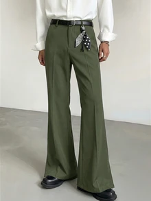 Manfinity Hypemode Men's Casual 80s Strench Flare Pants Solid Color Mid Rise Slim Fit Trousers With Pockets Vacation Holiday Olive Green Autumn - Army Green - View 4
