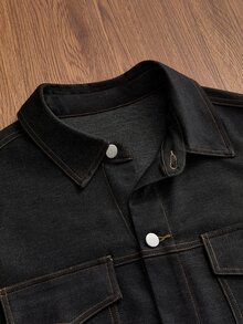 SWAVVY Men's Denim Effect Contrast Stitching Short Sleeve Collared Shirt - Black - View 3