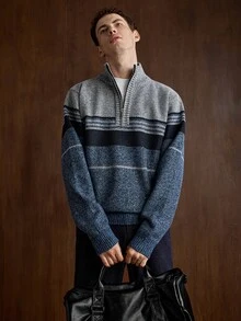 Manfinity CityGents 男士復古拉鍊半開襟長袖條紋針織衫 - 藍色 - 查看 5