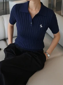 DAZY 女款領口條紋套頭短袖針織衫 秋季 - 寶藍色 - 查看 4