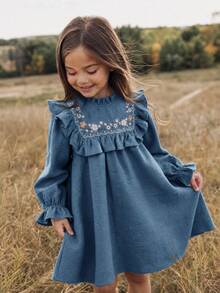 SHEIN Young Girl Woven Solid Color Floral Pattern Ruffle Hem Casual Dress - Blue - View 3