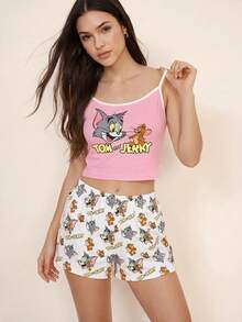 TOM & JERRY X SHEIN 女款卡通印花細肩帶上衣與短褲睡衣套裝 - 粉色 - 查看 5
