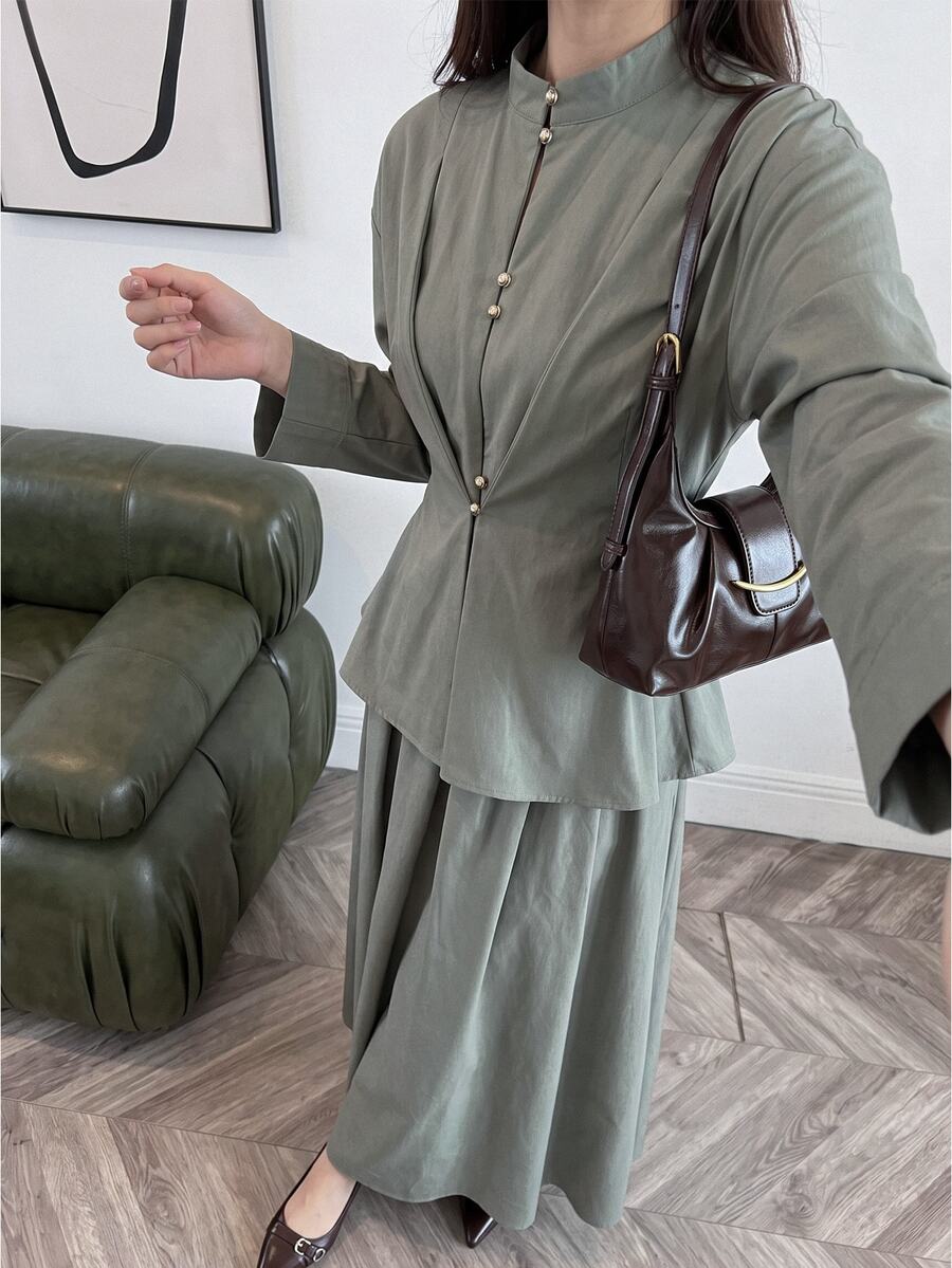 Solavon 女款純色長袖單排扣上衣與裙子阿拉伯風服裝套裝 - 綠色 - 查看 1