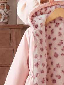 SHEIN Elladie kids 1件少女冬季粉色花卉保暖內裡拉鍊連帽外套，彈性腰部，加厚保暖通勤百搭簡約西式時尚夾克 - 粉色 - 查看 3