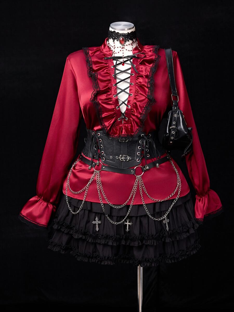 Sunspun Medieval Light Punk Y2K Vintage Ruffle Lace Tie Metal Heavy Work Halloween COS Self-Matching Women's Autumn/Winter Best-Selling Pullover Inner Layer Long Sleeve Top Plus Size Blouse - Burgundy - View 1