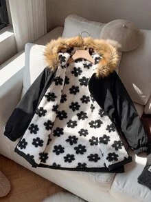 SHEIN 少女休閒花卉印花保暖內裡連帽派克夾克，秋冬返校穿搭 - 黑色 - 查看 10