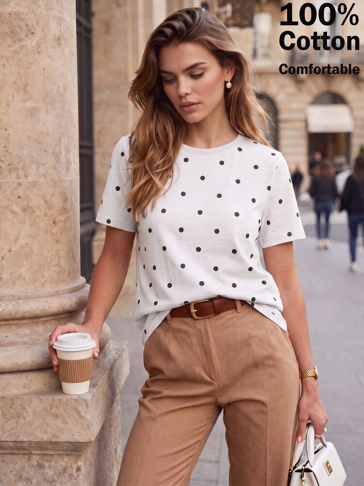 Anewsta Spring/Summer New Women's Summer Top, Minimalist Polka Dot All-Match Versatile Short Sleeve T-Shirt - White - View 4