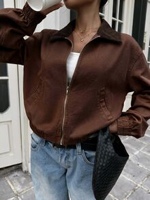 SHEIN EZwear 女款純色拉鍊休閒百搭日常旅行長袖夾克 - 棕色 - 查看 5