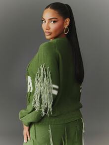 NYA SZN Sweater Lengan Panjang Bergaris Rumbai "Nigeria" Gym Perjalanan Athleisure Nyaman Olahraga Chic Kasual Festival Lucu Liburan Longgar Hijau Musim Gugur Musim Dingin - Hijau - View 2