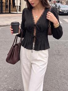 SHEIN PariChic Women's Solid Color Contrast Lace Front Tie Long Sleeve Elegant Blouse - Black - View 3