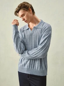 RONVEXI Men's Spring/Summer New Polo Collar Floral Print Versatile Long Sleeve Half-Button Pullover - Dusty Blue - View 4