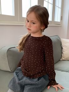 Hapijoa Loose Casual Round Neck Pullover Heart Print Long Sleeve Autumn Inner Layer Cute Young Girls' T-Shirt - Brown - View 6