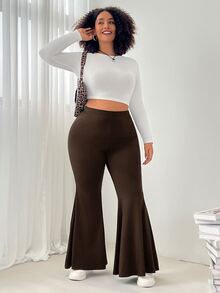 SHEIN EZwear 大尺碼女款純色休閒百搭日常穿著喇叭褲 - 棕色 - 查看 5
