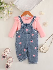 SHEIN Baby Girl T Shirt Set 2Pcs Top Spring Fall Fall Winter Casual Knit Long Sleeve Suspender Pants Daily Beige Khaki Print Sets Matching Sets - Multicolor - View 1