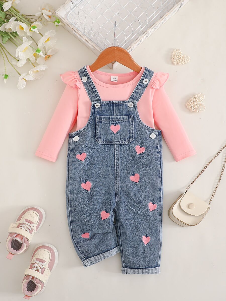 SHEIN Baby Girl T Shirt Set 2Pcs Top Spring Fall Fall Winter Casual Knit Long Sleeve Suspender Pants Daily Beige Khaki Print Sets Matching Sets - Multicolor - View 1