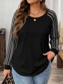 Comfylo Striped Plus Size Women's Casual Raglan Sleeve Round Neck Loose Fit T-Shirt Suitable For Spring And Autumn - Multicolor - View 1