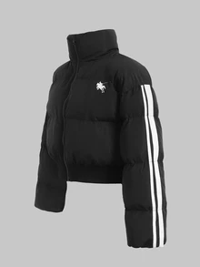 SHEIN 青少年女孩短版抓絨內裡立領白色飾帶黑色運動風加厚棉襖外套 冬季 - 黑色 - 查看 3