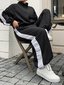 Livesso Colorblock Patchwork Sporty Casual Streetwear Loose Jacket & Pants 2 Pieces Set For Spring/Autumn - Black - View 5
