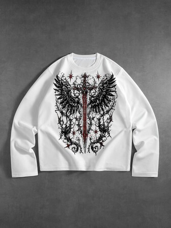 Street Life Maglietta da uomo a maniche lunghe con collo tondo, base layer vintage gotico con motivo spada e ali