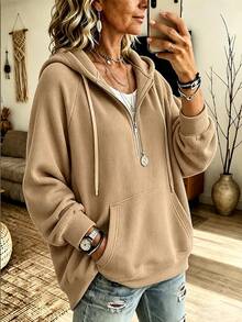 EMERY ROSE Women's Solid Color Raglan Long Sleeve Zip-Up Half Placket Pocket Casual Sweatshirt - Khaki - View 1