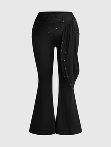 ROMWE Grunge Punk Plus Size Women's Pleated Casual Versatile Daily Wear Flare Leg Pants - Black - View 1