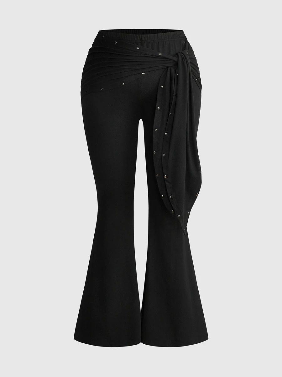 ROMWE Grunge Punk Plus Size Women's Pleated Casual Versatile Daily Wear Flare Leg Pants - Black - View 1