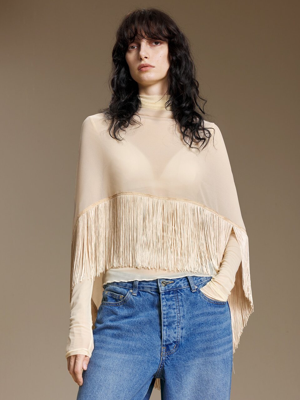 Women's Champagne Chiffon Tassel Cape Top, All-Season Versatile Modern Urban Fashion Casual Wear, Vacation Nomad Casual Style, Western Boho Country Music Festival Outfit, Women's Top