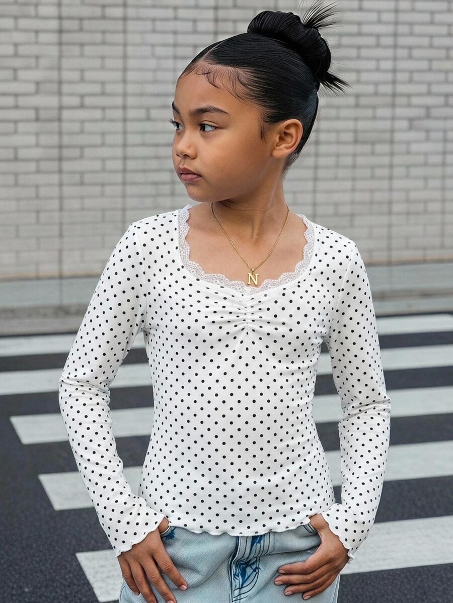 Girlism 青少年女孩秋冬波點蕾絲V領長袖T恤,荷葉邊下擺短版上衣 - 白色 - 查看 1