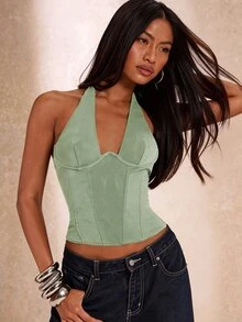 SHEIN BAE 春夏黑色時尚音樂節性感女款露背束胸上衣/休閒上衣/黑色緊身束胸/網眼針織上衣/約會之夜/電音派對穿搭/夜店上衣/西部牛仔風/性感上衣/Ibiza - 薄荷綠 - 查看 7