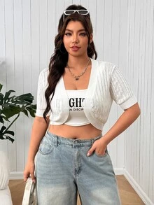 SHEIN EZwear Plus Size Women's Cable Knit Open Front Short Sleeve Cropped Cardigan - White - View 4