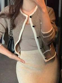 Dazy Plus Colorblock Patchwork Korean Style Loose Knit Cardigan Sweater, Autumn/Winter - Brown - View 7