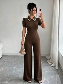 GlowEve Black Pearl Collar Petal Sleeve Jumpsuit, Waist-Cinching Slimming Elegant Commuter High-End Jumpsuit, Casual Minimalist Jumpsuit - Brown - View 4