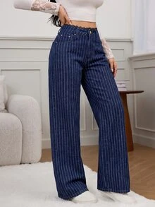 SHEIN Tall Women's Waist Contrast Lace Blue And White Striped Wide Leg Loose Fit Jeans Summer Everyday School Casual Preppy - Dark Wash - View 2