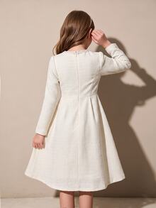 SHEIN Tween Girls Cream Solid Tweed Dress Square Neck Pearl Trim Long Sleeve Flared Dress School Dance Holiday - Apricot - View 2