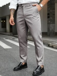 Manfinity Mode 男士大尺碼百搭通勤純色西裝長褲 - 灰色 - 查看 4