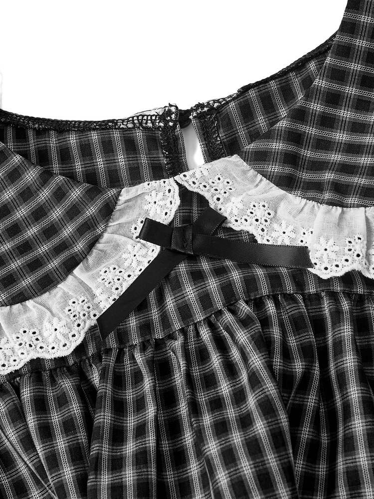 Sweetness Women's Peter Pan Collar Plaid Short Petal Sleeve Mini Dress - Black - View 3