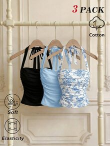 SHEIN MOD 3件組花卉印花與純色掛脖背心上衣 - 藍色 - 查看 2