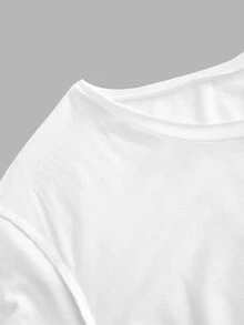 TOM & JERRY X SHEIN SHEIN EZwear 大尺碼女款字母與卡通印花不對稱肩休閒日常T恤 - 白色 - 查看 5