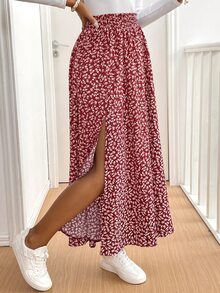 SHEIN Frenchy 女款碎花荷葉邊開衩中長裙 - 鏽棕色 - 查看 3
