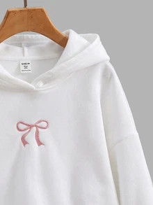 SHEIN 青少年女孩蝴蝶結刺繡口袋連帽時尚運動衫 - 白色 - 查看 4
