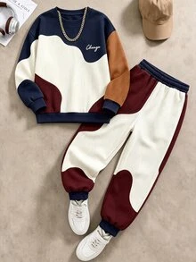 2pcs/Set Boys' Casual Fashion Comfortable Sweatshirt Set, Digital Print Pattern, Long Sleeve Top, Outfit, Autumn/Winter Wear, Deep Blue & Apricot Brown Color Block Crew Neck Sweatshirt And Sweatpants Set - Multicolor - View 2