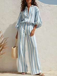 Breezaya Women's Striped Lantern Sleeve Zipper Front Top And Long Pants Casual 2 Pieces Set - Multicolor - View 3