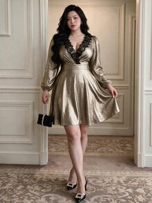 Vibekara Autumn Women's Metallic Luster Lace V-Neck Petal Sleeve High Waist Party Night Dress Black And Gold Elegant Sexy - Gold - View 4