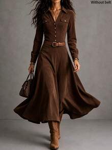 SHEIN Gaun Panjang Elegan Wanita untuk Musim Gugur/Musim Dingin - Coklat - View 4